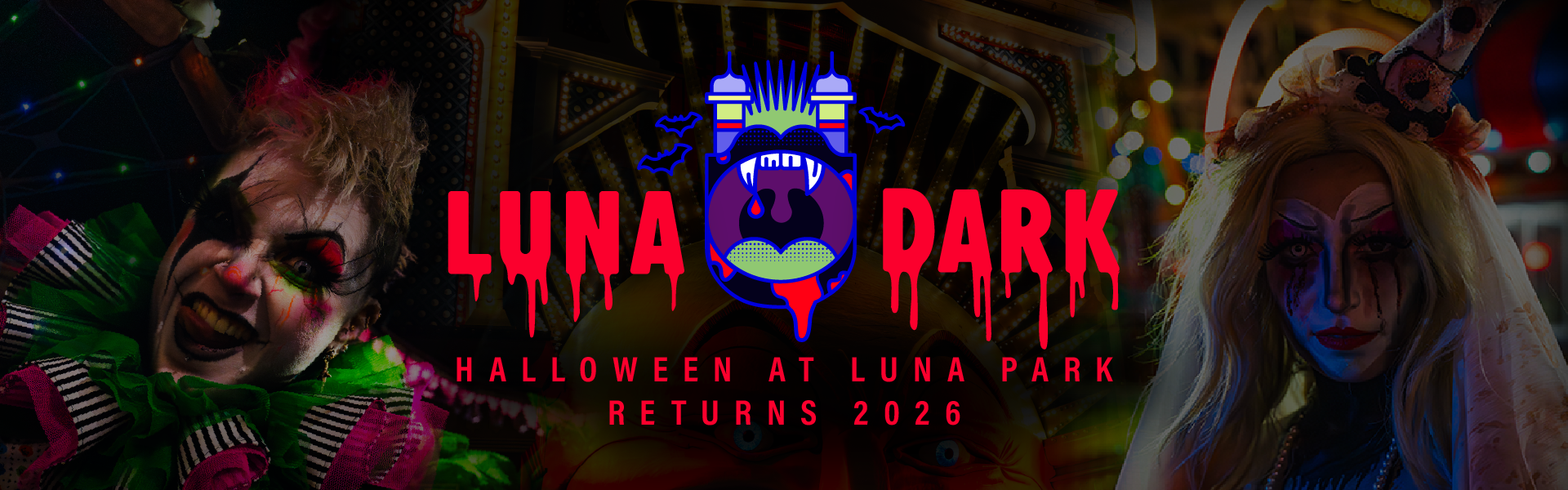 Luna Dark banner with dark shadow clown characters.